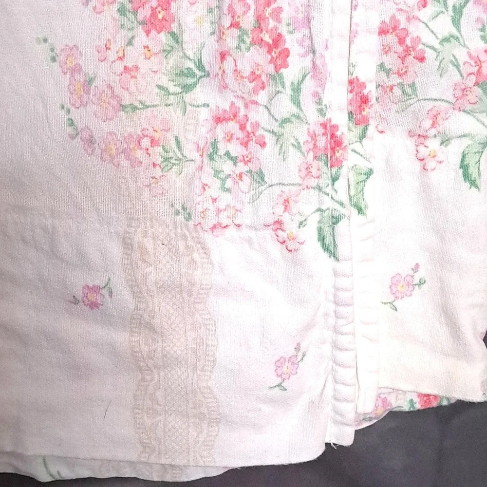 VTG Stevens Floral Flat Bed Sheet Twin White Pink Lace Stripe Cottagecore Fabric